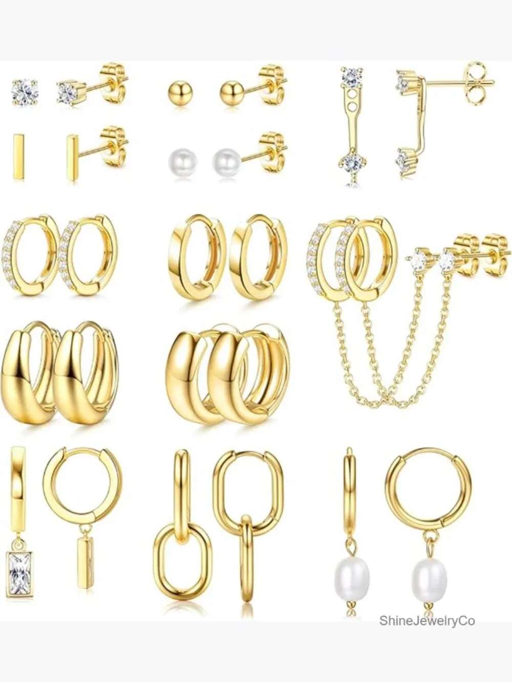 13 Pairs Small Stud Hoop Earrings Set Hypoallergenic Gold Plated Huggie